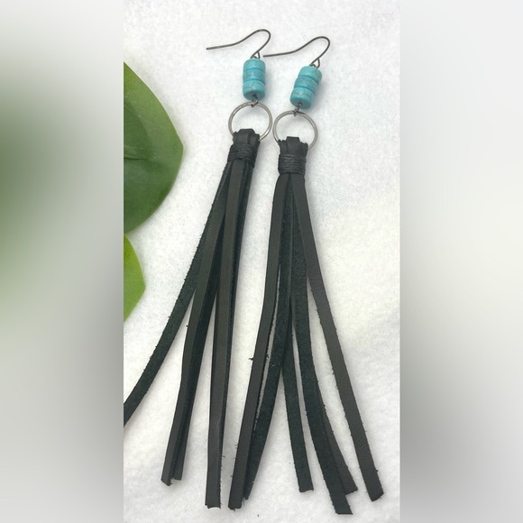 Bohemian Chic Turquoise Beaded earrings and leather Fringe long Earrings - Picture 3 of 3